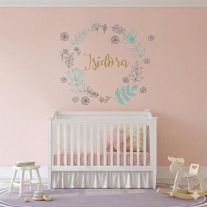 Vinilo Decorativo de Corona Flores con Nombre Personalizado