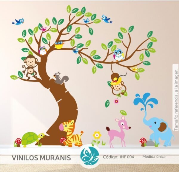 Vinilo Decorativo de Árbol con Animalitos en Colores