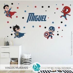 Vinilo Decorativo Set Superhéroes Colores Nombre Personalizado
