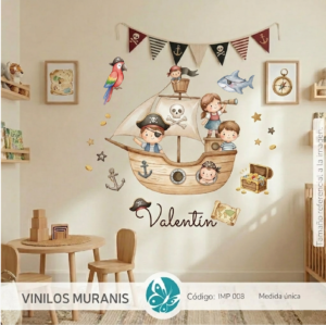 Vinilo Mural Barco Pirata Acuarela + Nombre personalizado | Vinilos Muranis Chile